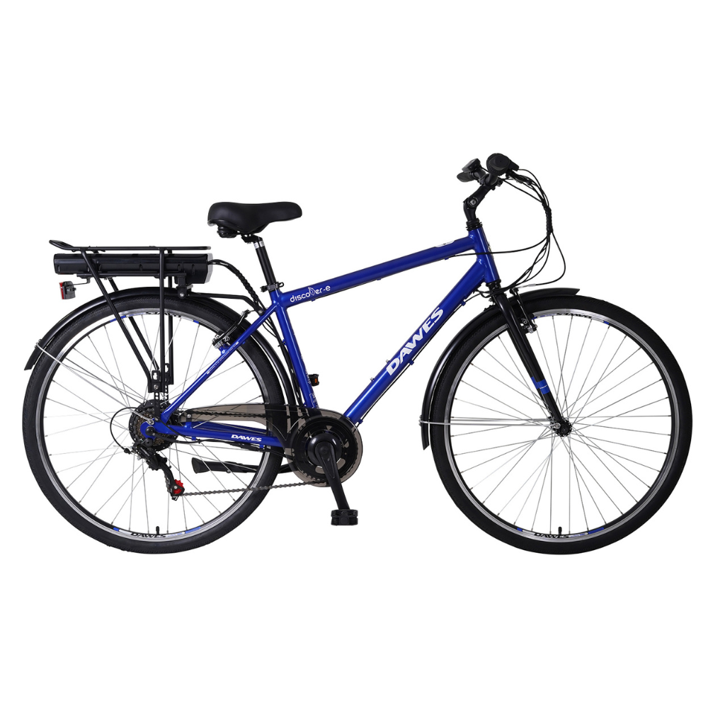 DAWES Discover-E Electric Trekking Bike, 15.5MPH facing right in a white studio setting
