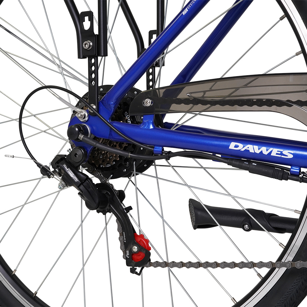 DAWES Discover-E Electric Trekking Bike, 15.5MPH close up for the rear wheel hub in a white studio setting