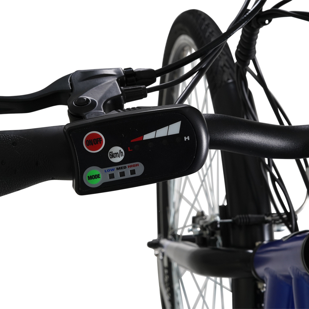DAWES Discover-E Electric Trekking Bike, 15.5MPH close up of the handlebar display in a white studio setting