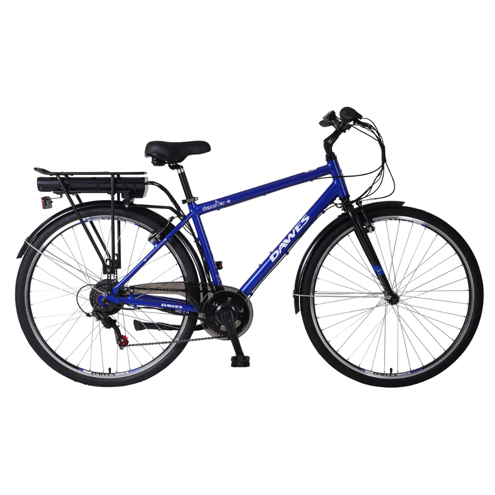 DAWES Discover-E Electric Trekking Bike, 15.5MPH facing right in a white studio setting