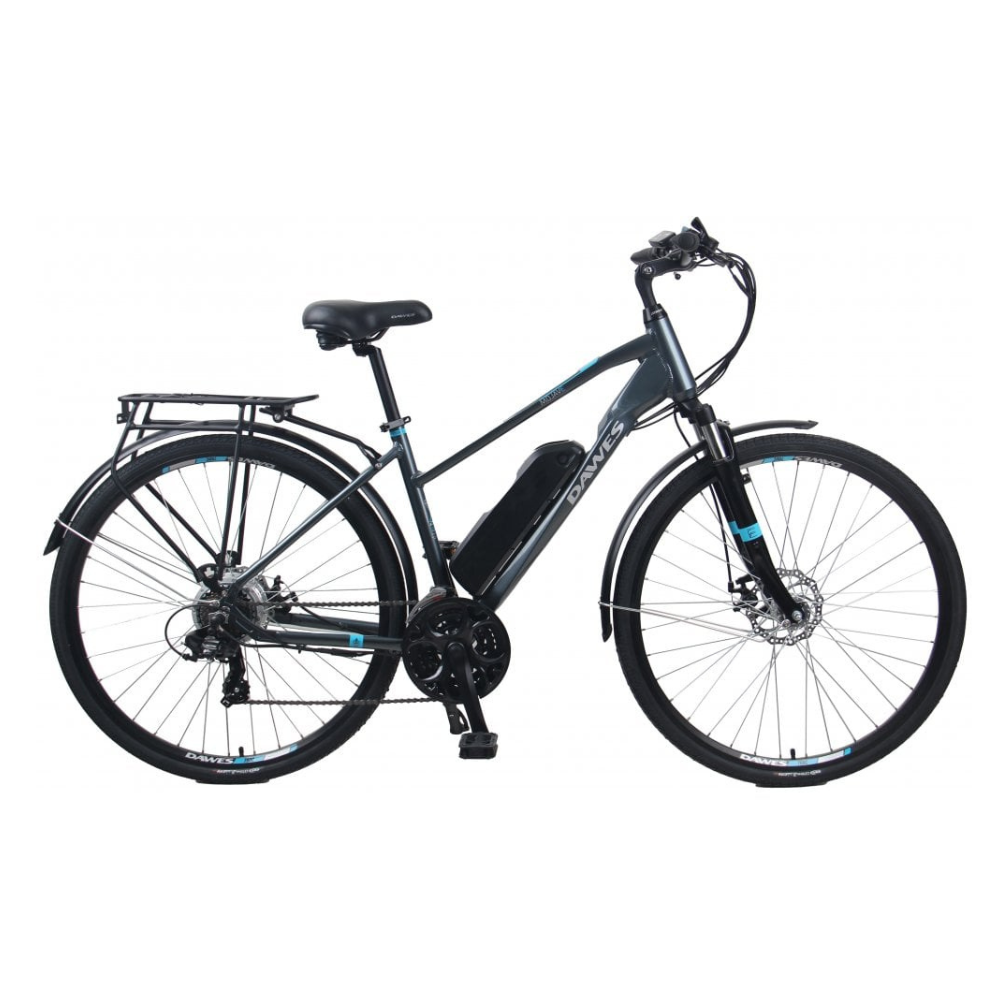 DAWES Mojav-E Electric Trekking Bike - Grey, 15.5MPH facing right in a white studio setting
