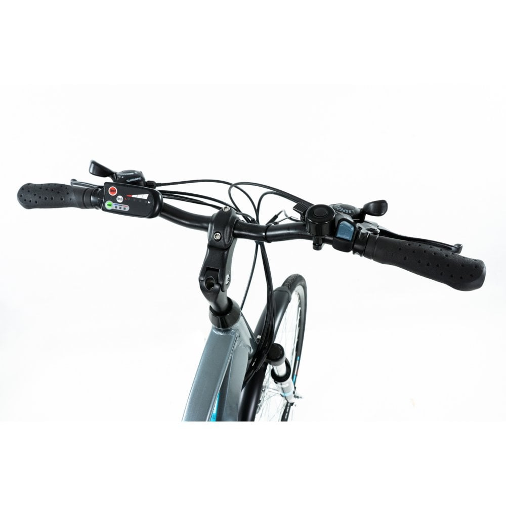 DAWES Mojav-E Electric Trekking Bike - Grey, 15.5MPH close up the handlebars in a white studio setting