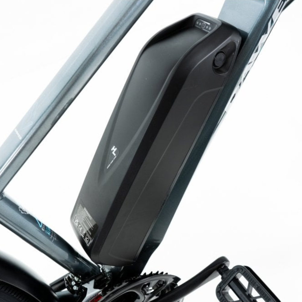 DAWES Mojav-E Electric Trekking Bike - Grey, 15.5MPH close up the battery in a white studio setting