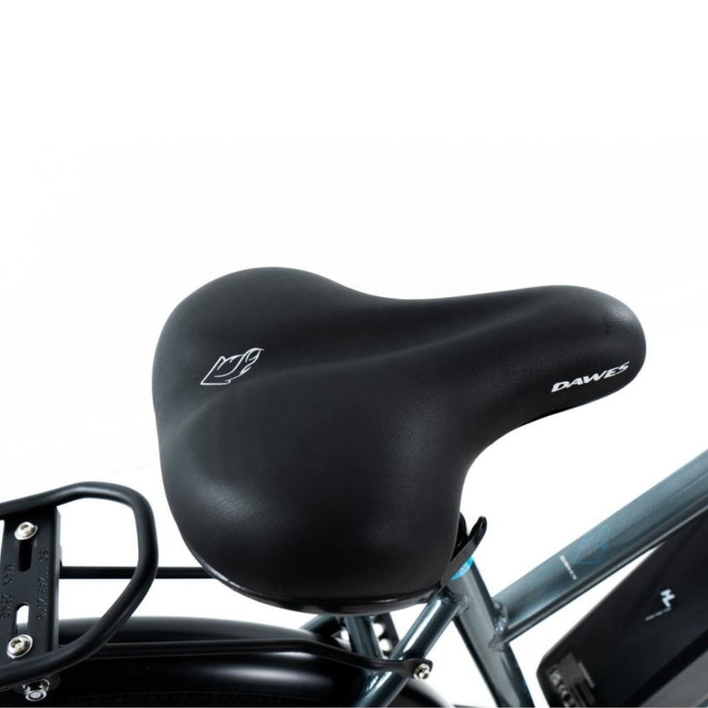 DAWES Mojav-E Electric Trekking Bike - Grey, 15.5MPH close up the saddle in a white studio setting