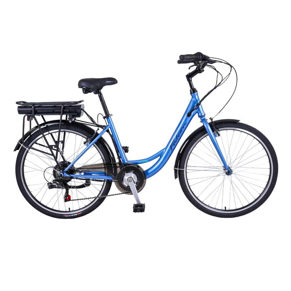 FALCON Serene Electric Trekking Bike, 15.5MPH facing right in white studio setting