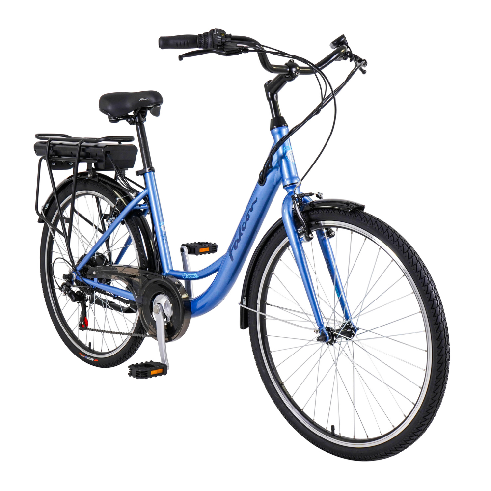 FALCON Serene Electric Trekking Bike, 15.5MPH facing oblique right in white studio setting