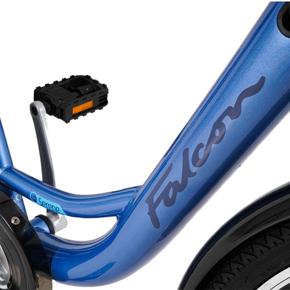 FALCON Serene Electric Trekking Bike, 15.5MPH close up to the Falcon name on the main frame in white studio setting