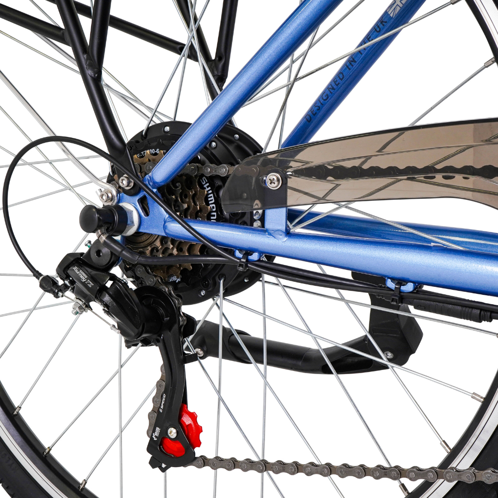 FALCON Serene Electric Trekking Bike, 15.5MPH close up to the rear wheel gears and motor in white studio setting