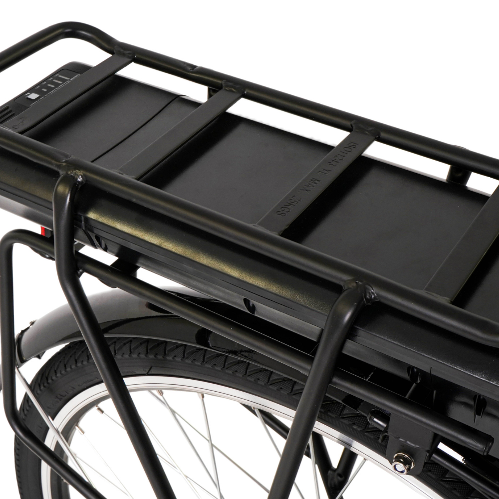FALCON Serene Electric Trekking Bike, 15.5MPH close up to the battery in white studio setting