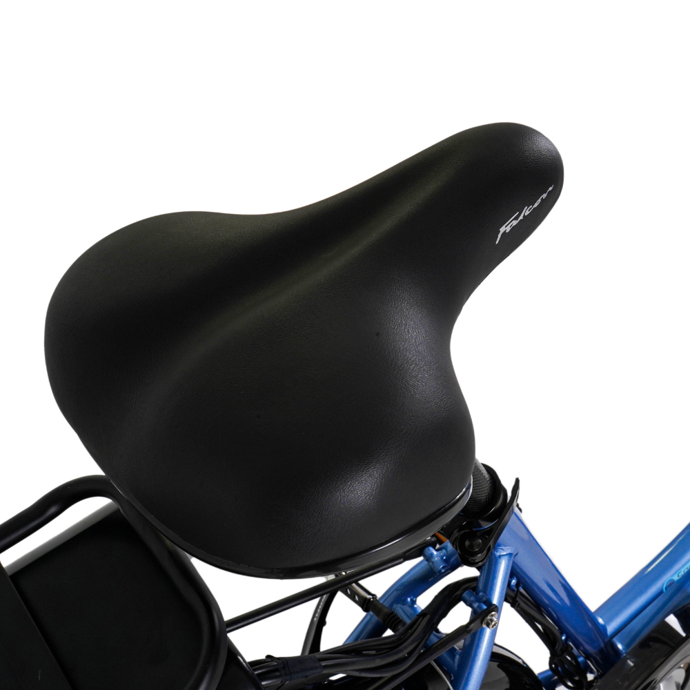 FALCON Serene Electric Trekking Bike, 15.5MPH close up to the saddle in white studio setting