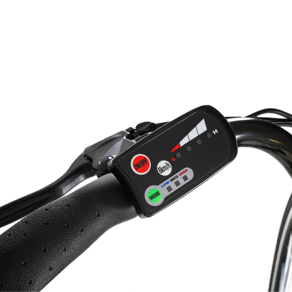 FALCON Serene Electric Trekking Bike, 15.5MPH close up to the handlebar display in white studio setting