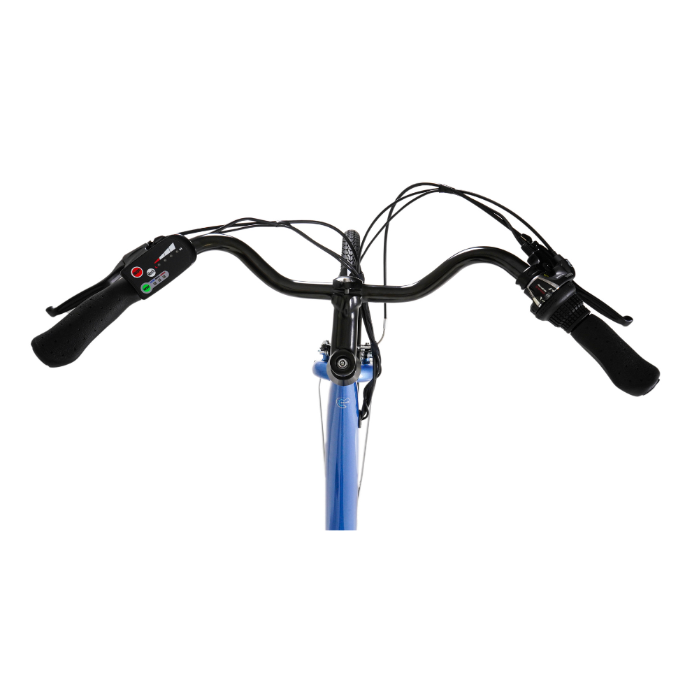 FALCON Serene Electric Trekking Bike, 15.5MPH close up to the swept back handlebars in white studio setting