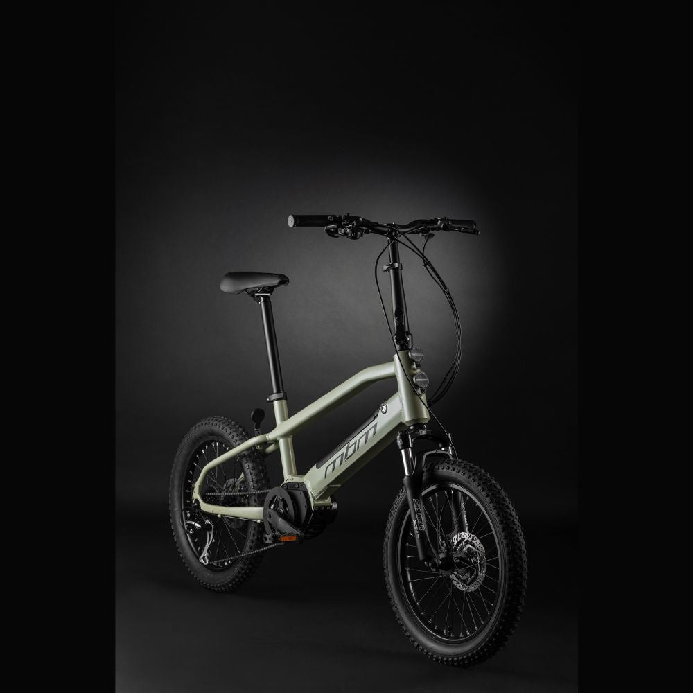 MBM Funk Cross 20" Urban Step Thru Electric Bike, Commuter 15.5MPH Facing Oblique Right Dark Background