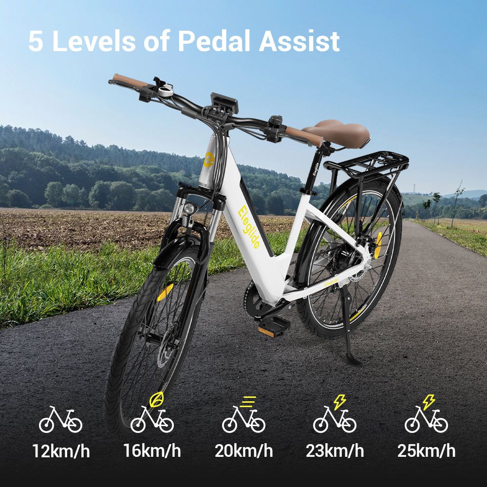 Eleglide T1 Step Through Trekking Urban Electric Bike White Five Levels of Pedal Assist