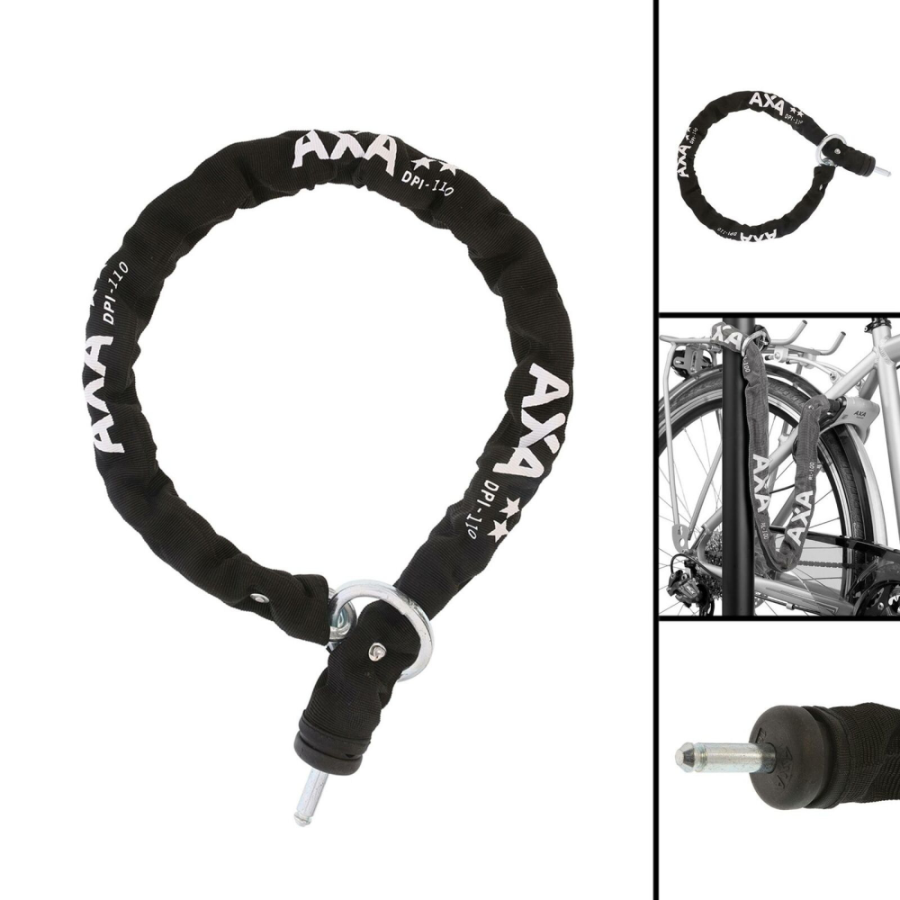 Axa 1.1m Plug-In Chain Showing 4 Pictures - Chain, Chain On Bike, Plug End and Chain 2 