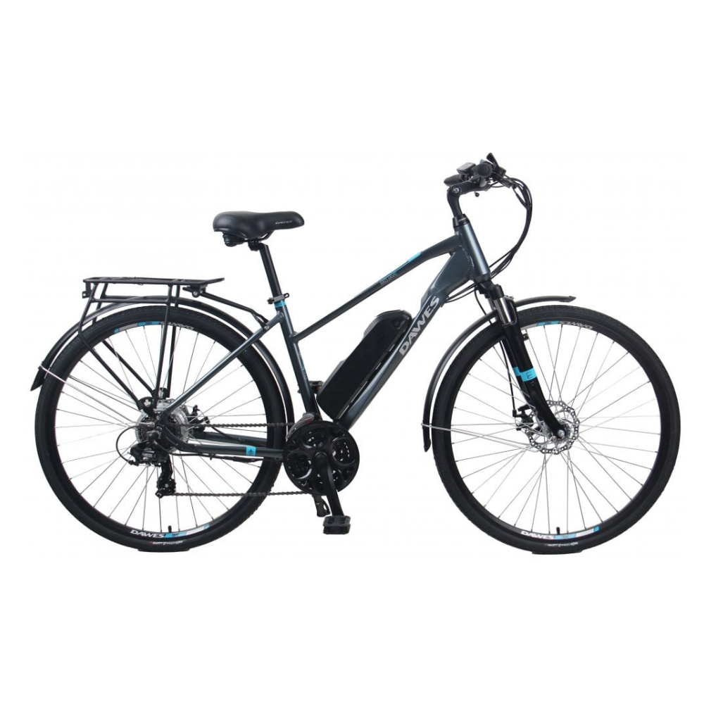 DAWES Mojav-E Electric Trekking Bike - Grey, 15.5MPH facing right in a white studio setting 