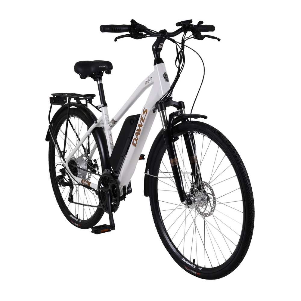 DAWES Mojav-E Electric Trekking Bike - Cream, 15.5MPH facing oblique right in a white studio setting