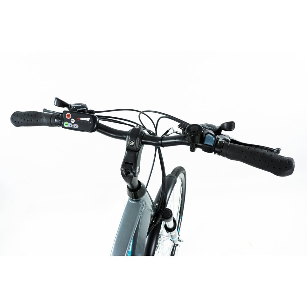 DAWES Mojav-E Electric Trekking Bike - Grey, 15.5MPH close up the handlebars in a white studio setting 