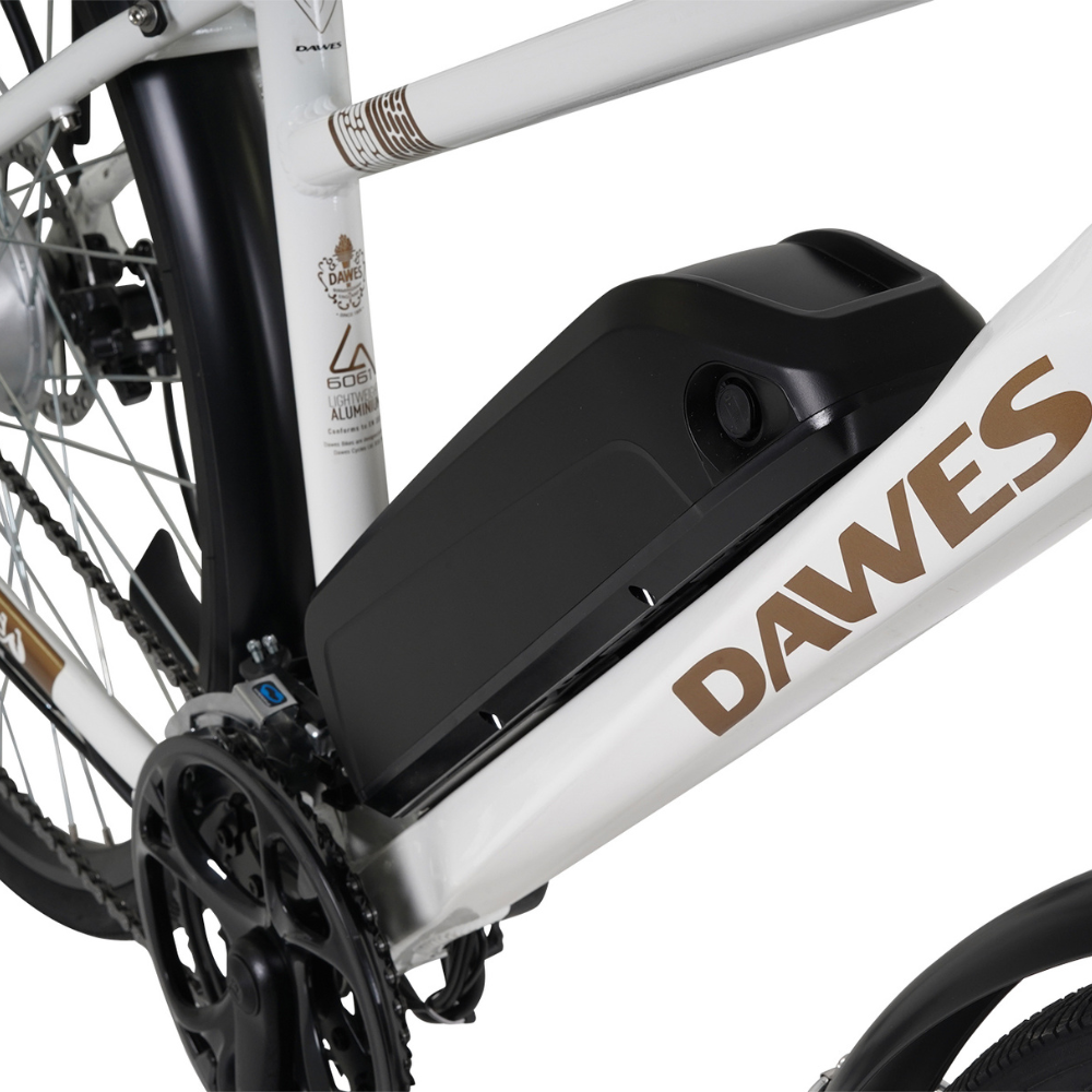 DAWES Mojav-E Electric Trekking Bike - Cream, 15.5MPH close up of the battery in a white studio setting