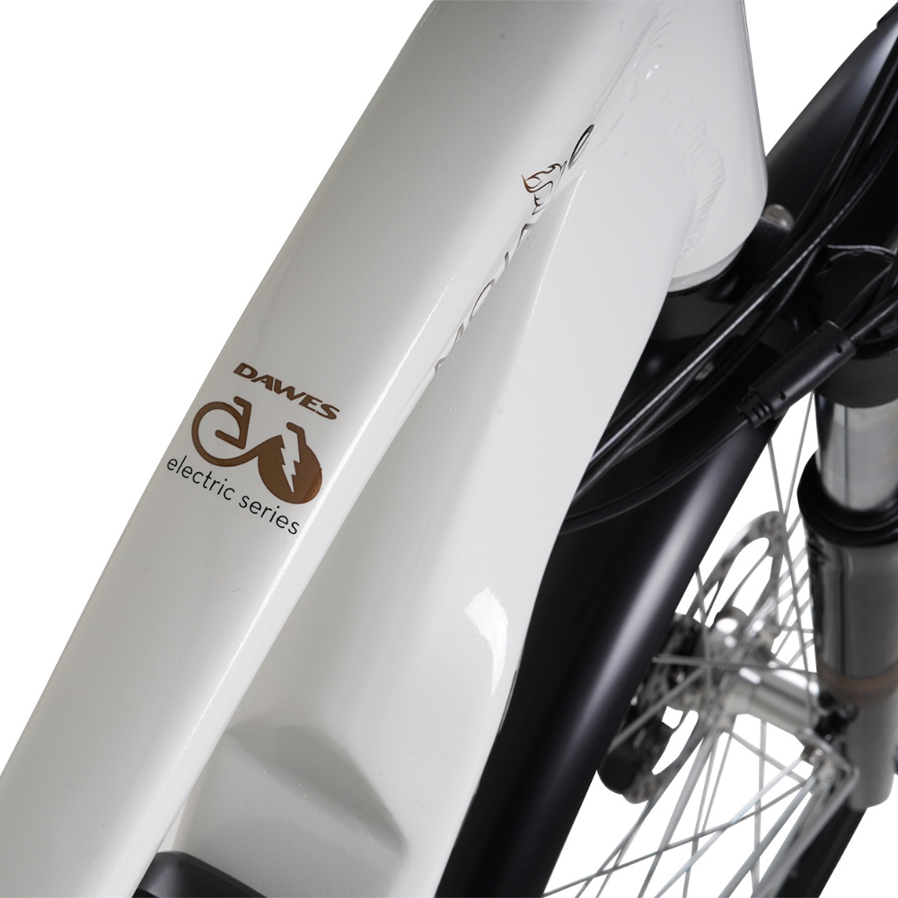 DAWES Mojav-E Electric Trekking Bike - Cream, 15.5MPH close up of the frame logo in a white studio setting