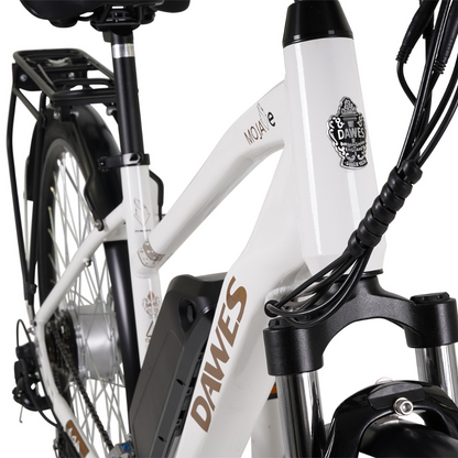 DAWES Mojav-E Electric Trekking Bike - Cream, 15.5MPH close up of the main frame and name badge in a white studio setting