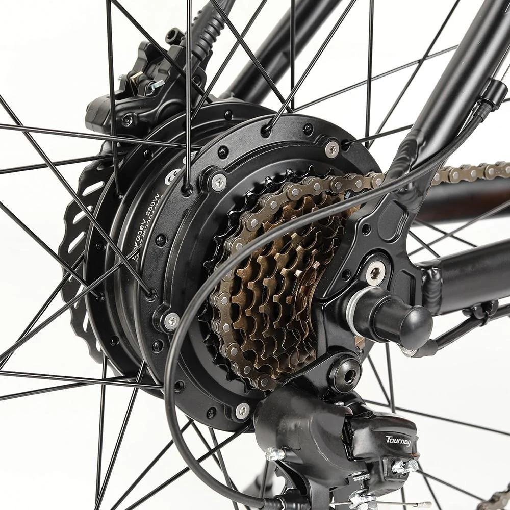 Eleglide M2 29" Electric Mountain Bike, 15.5MPH close up of the rear wheel sprocket drive and hub motor in a white studio setting 