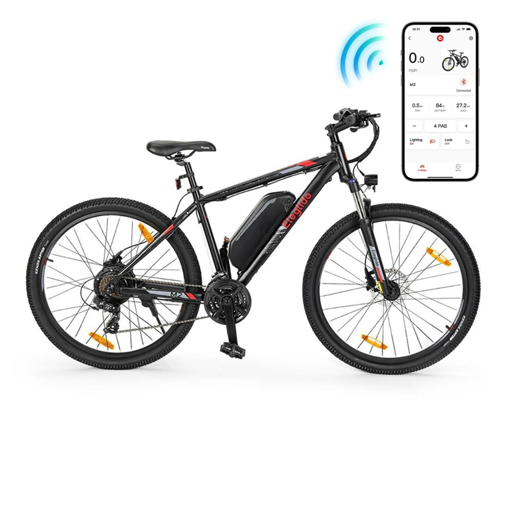 Eleglide M2 29" Electric Mountain Bike, 15.5MPH facing right in a white studio setting with a mobile phone showing the app in the corner of the photo