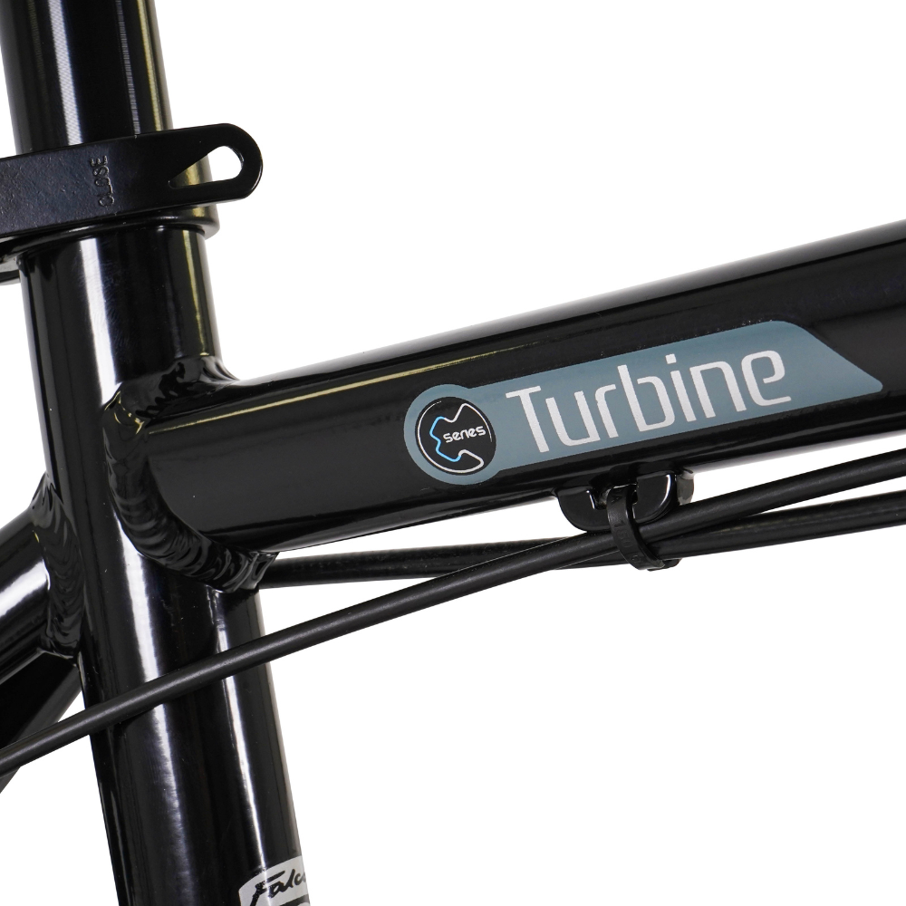 FALCON Turbine Electric Mountain Bike, 15.5MPH close up of the model 'turbine' name on the side of the main framein a white studio setting