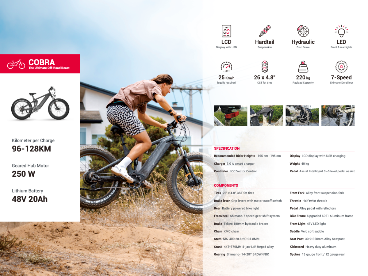 Himiway Forest Cobra Electric Mountain Bike, Fat Tyre, Long Range, Camo, Top Speed 15.5MPH Specifications Sheet 