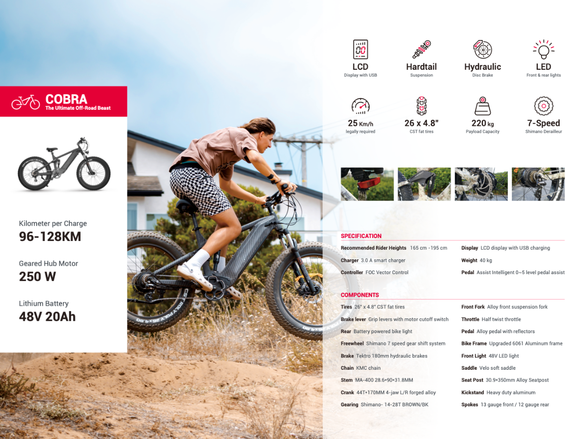 Himiway King Cobra Electric Mountain Bike, Fat Tyre, Long Range, Black, Top Speed 15.5MPH Specifications Sheet