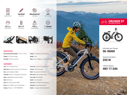 Himiway Cruiser Step Thru Electric Bike, Long Range, All Terrain, Fat Tyre, Top Speed 15.5MPH Specification Sheet