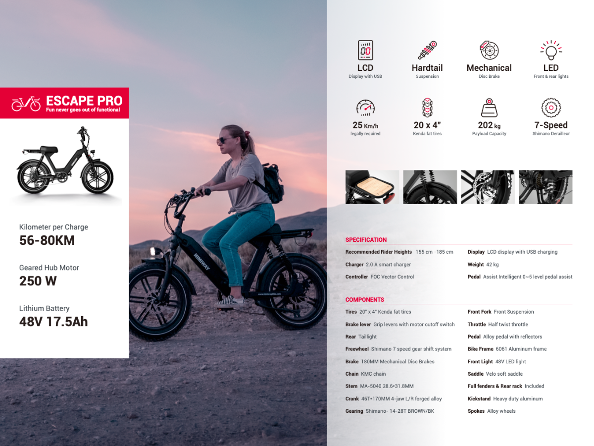 Himiway Escape Pro Moped-Style, Long Range Electric Bike, Black, Top Speed 15.5MPH Specifications Sheet 