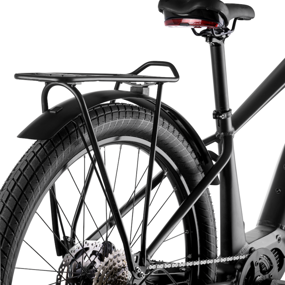 MBM Kairos 27.5" SUB Electric Trekking Bike, Mid Drive, 15.5MPH Showing Rear Wheel , Mudguard and Rack