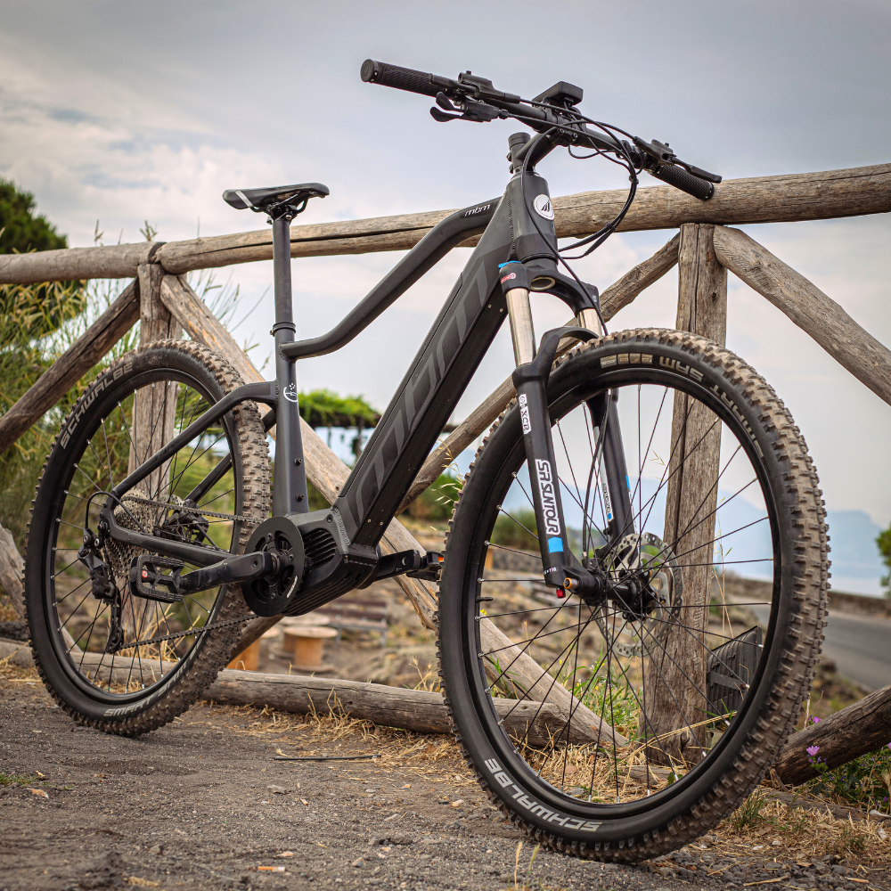 MBM Kairos 29" Electric Mountain Bike, Mid Drive 15.5MPH Leaning On A Fence 