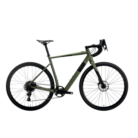 MBM Keres Plus Electric Road Bike, Urban, 15.5MPH Matt military green in colour facing right in a studio setting 