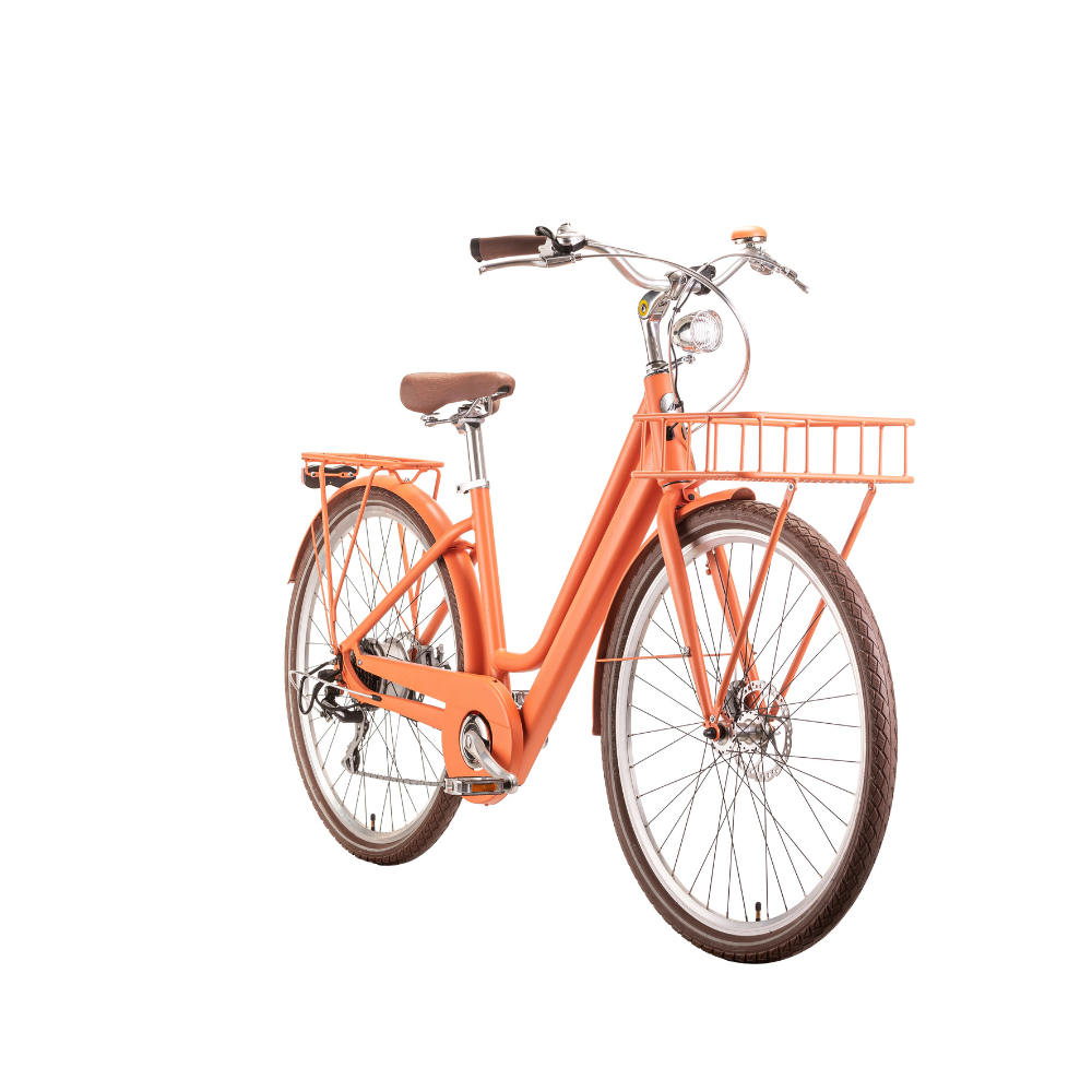 MBM La Rue Step Thru Electric Bike, Urban 15.5MPH Orange Facing Oblique Right