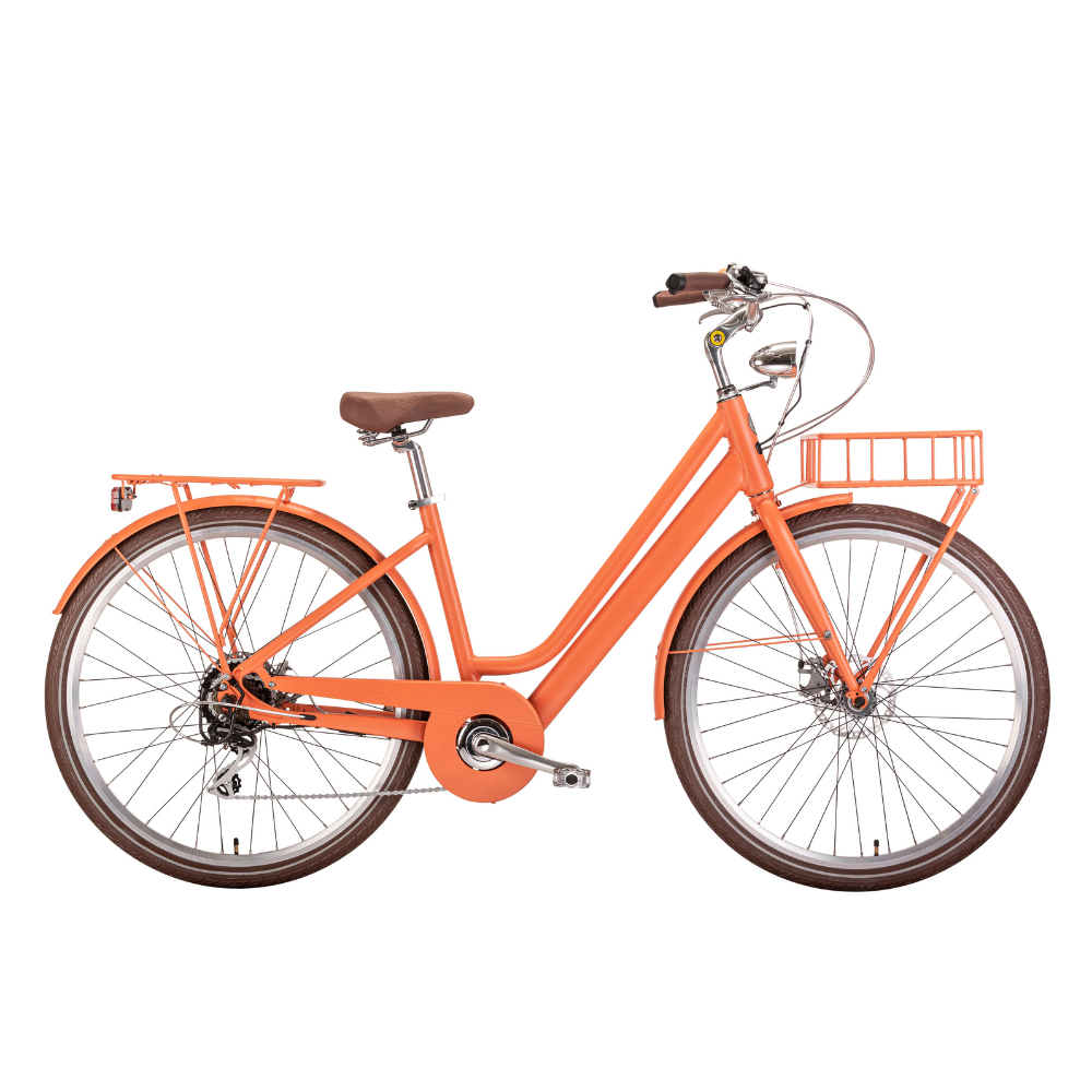 MBM La Rue Step Thru Electric Bike, Urban 15.5MPH Orange Facing Right