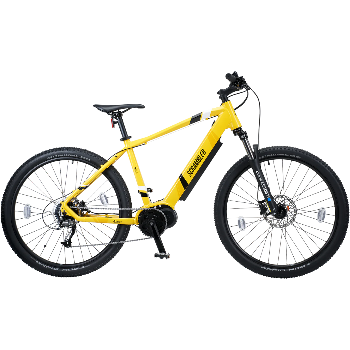 Mark2 Scrambler C Electric Mountain Bike, 90Nm Mid Drive, Top Speed 15.5MPH Yellow Facing Right