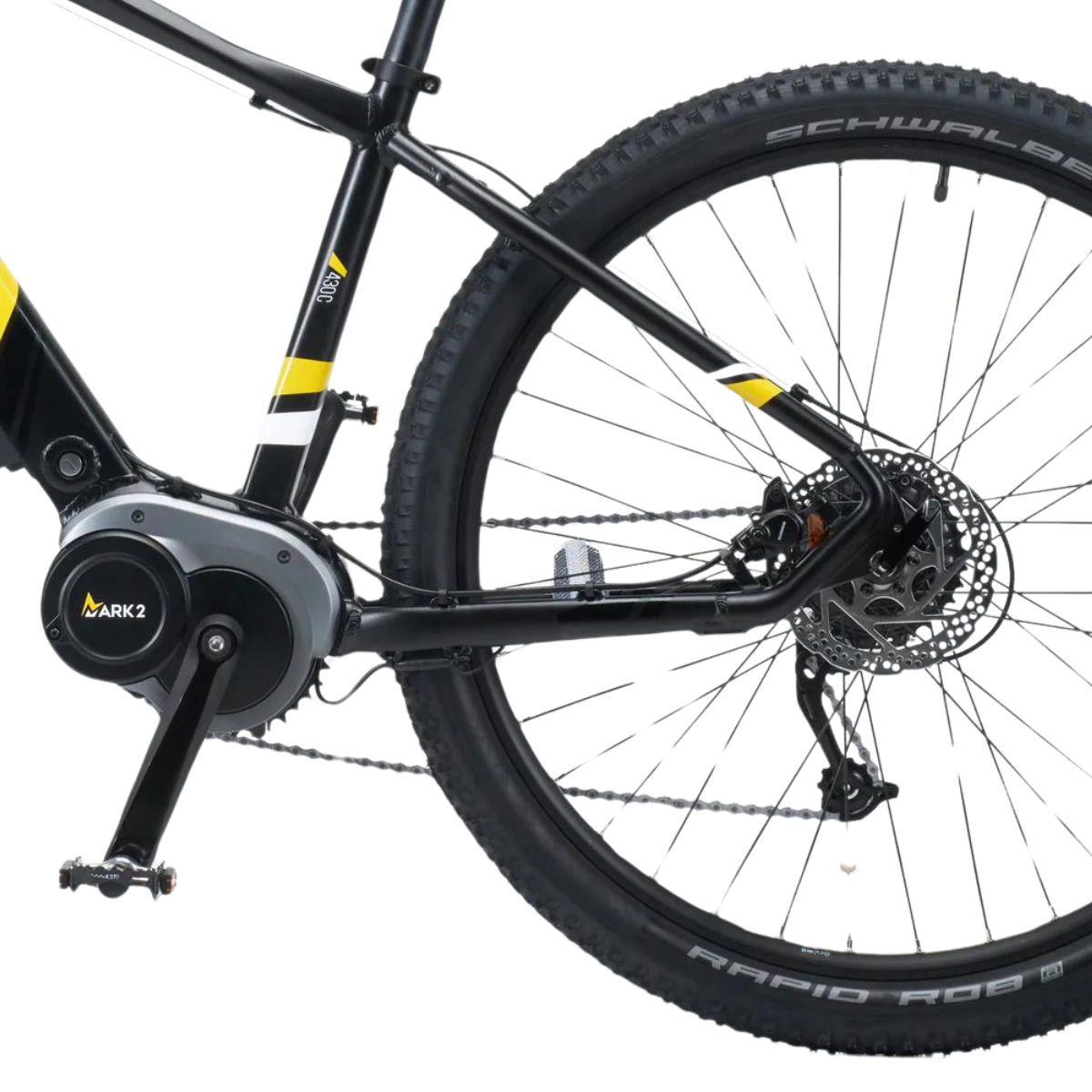 Mark2 Scrambler C Electric Mountain Bike, 90Nm Mid Drive, Top Speed 15.5MPH Black Close Up Back Wheel