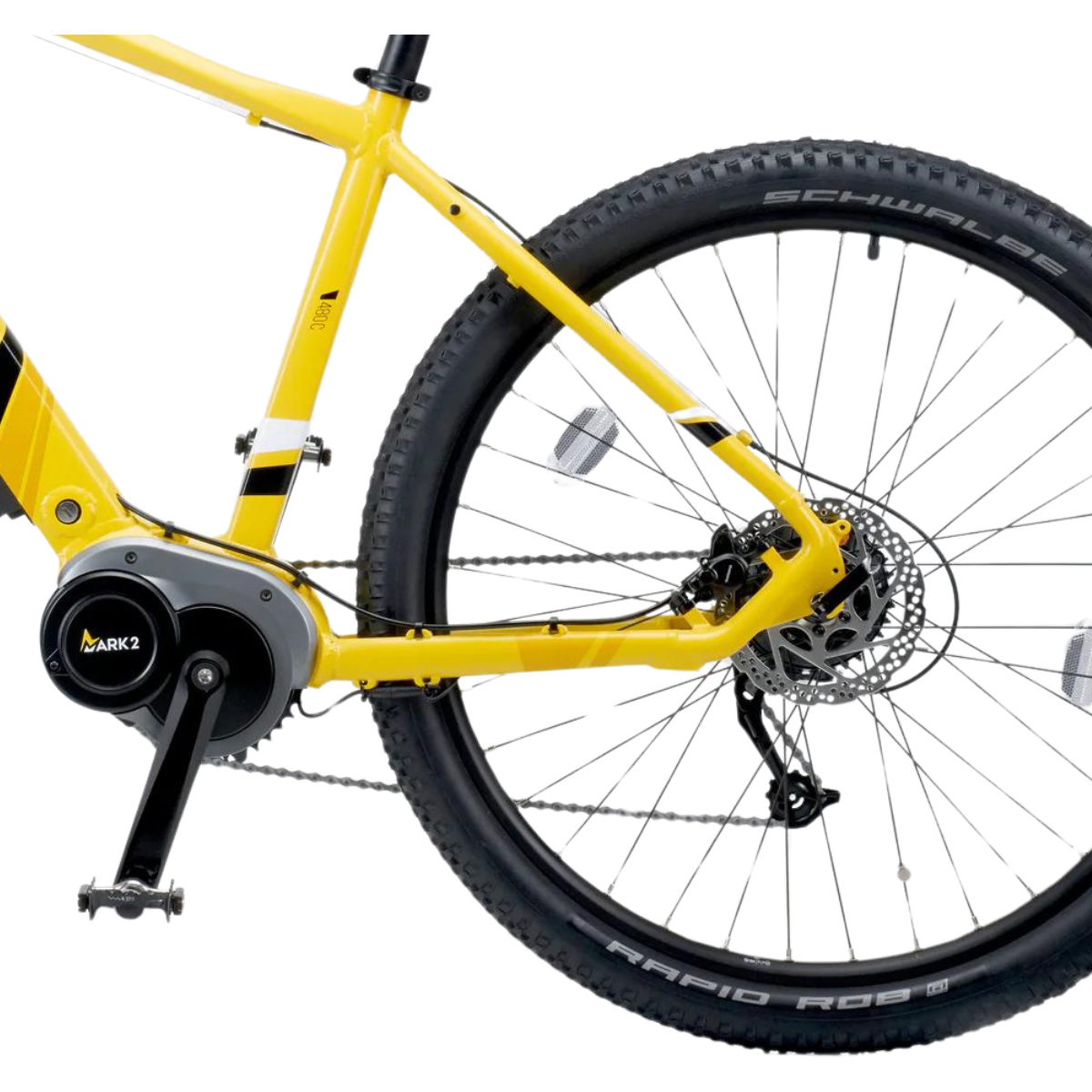 Mark2 Scrambler C Electric Mountain Bike, 90Nm Mid Drive, Top Speed 15.5MPH Yellow Facing Left Wheel Close Up 