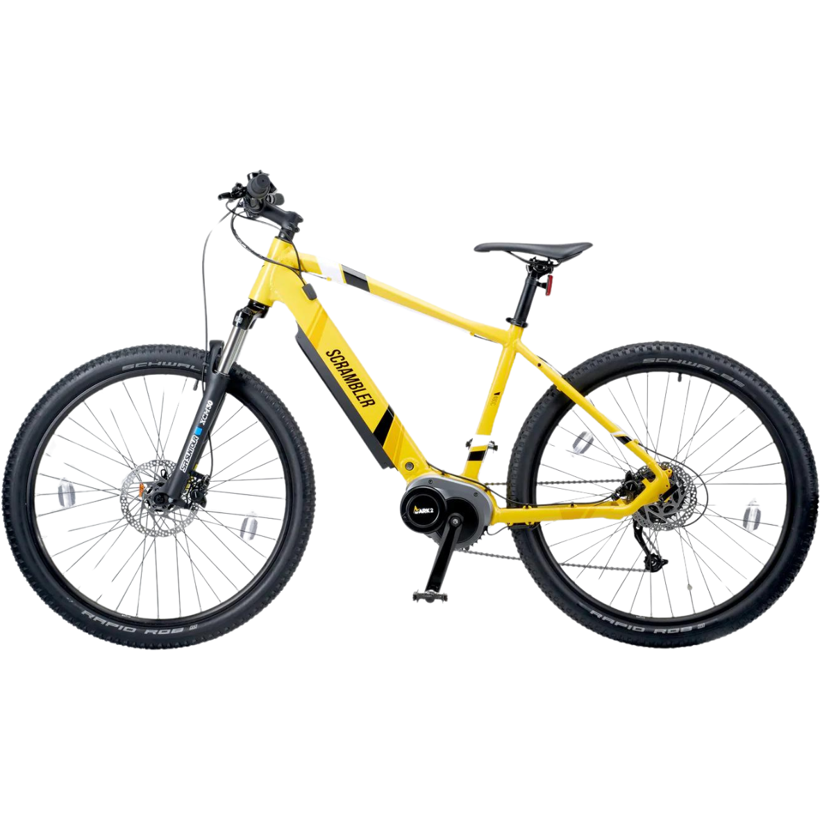 Mark2 Scrambler C Electric Mountain Bike, 90Nm Mid Drive, Top Speed 15.5MPH Yellow Facing Left 