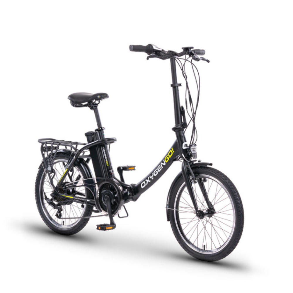 Oxygen Go Folding Electric Bike, Step Through, Urban, Black Facing Oblique Right 