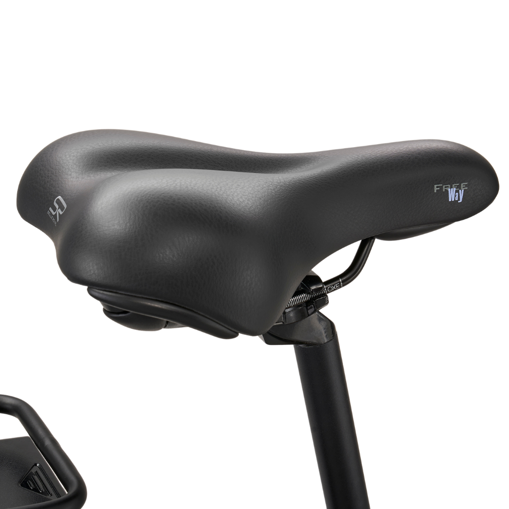 PURE Free City Step Thru Electric Bike, 15.5MPH Close up of the saddle in a white studio setting 