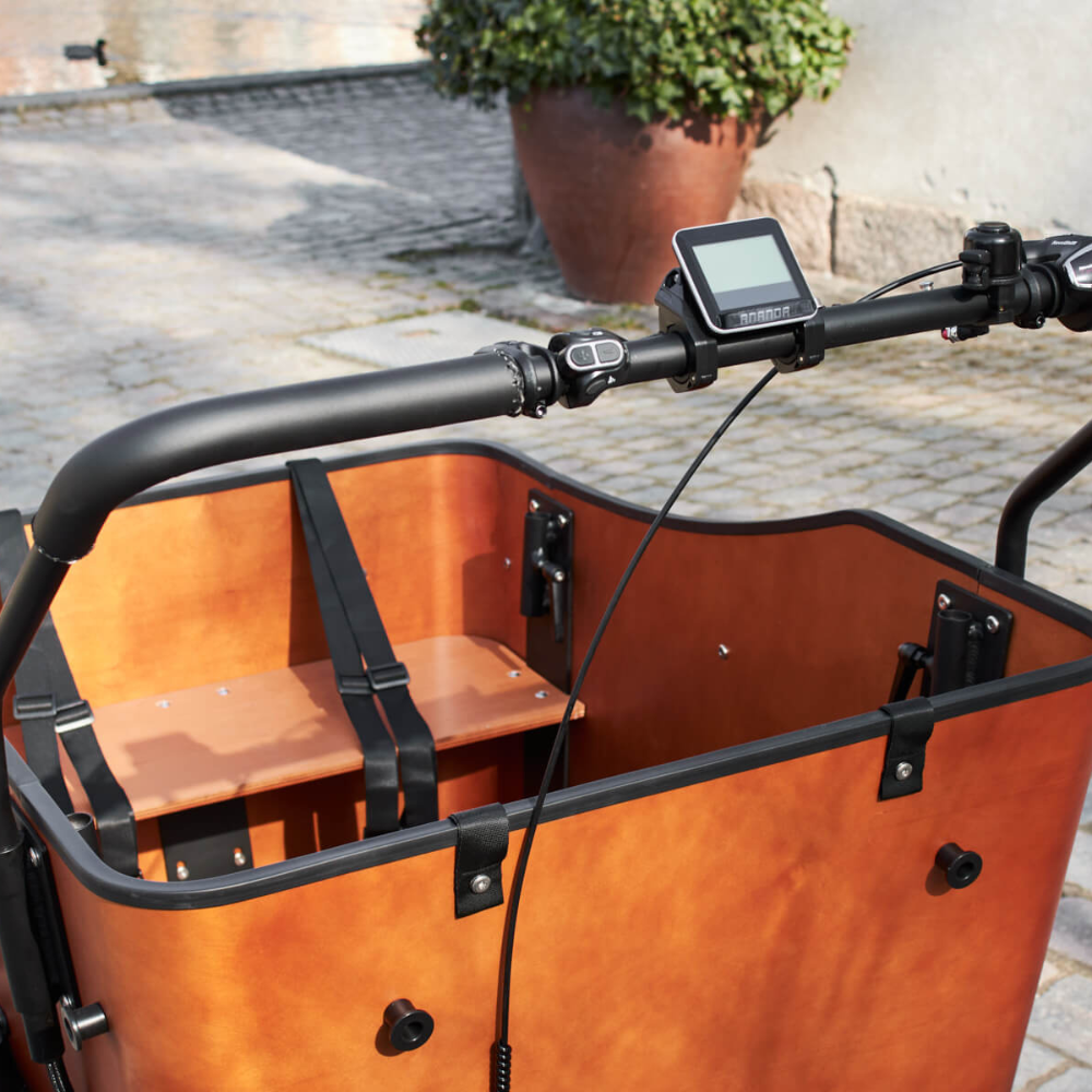 Amcargo Ultimate Harmony Collection view of carriage box from riders seat with the bike in a cobbled courtyard