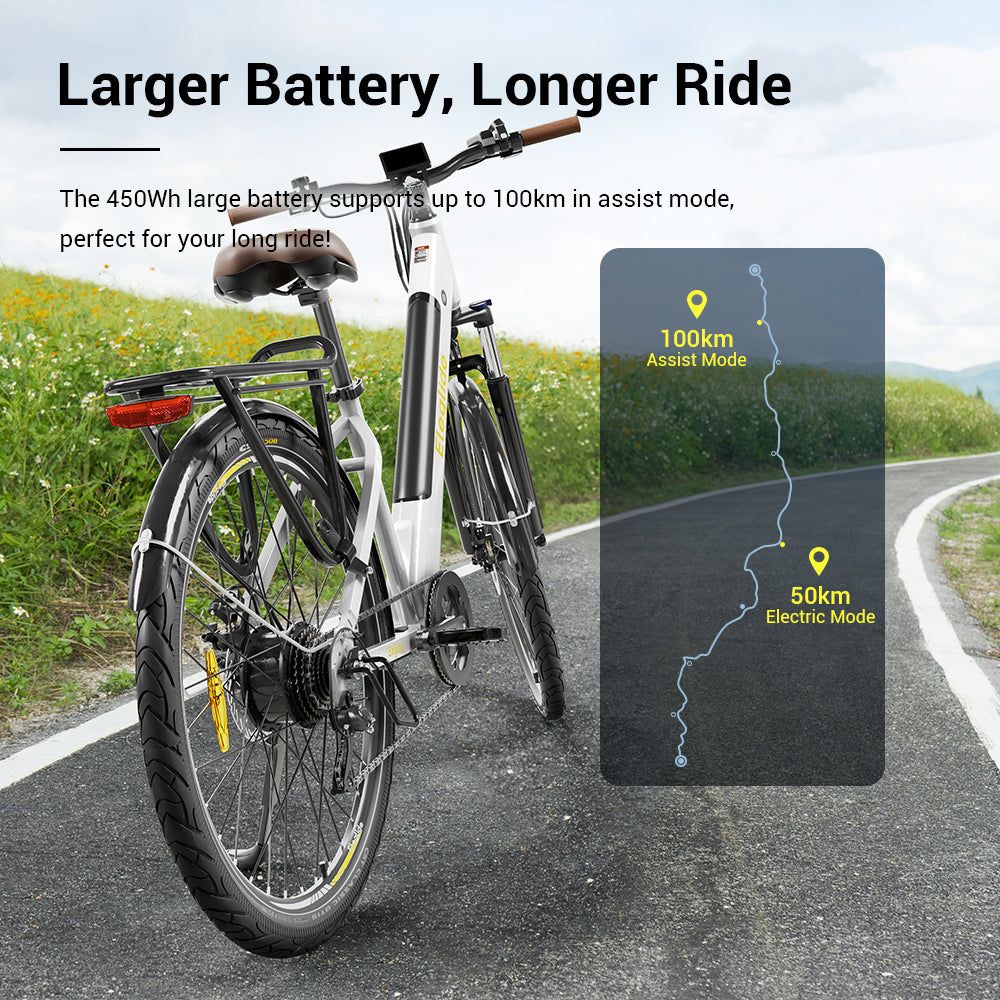 Eleglide T1 Step Through Trekking Urban Electric Bike White Larger Battery 