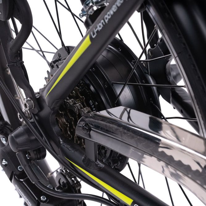 Oxygen Go Folding Step Through Urban Electric Bike Black Rear Wheel Motor And Drive Train