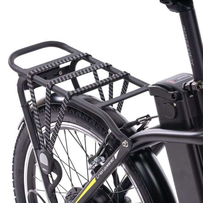 Oxygen Go Folding Step Through Urban Electric Bike Black Rear Rack And Battery 
