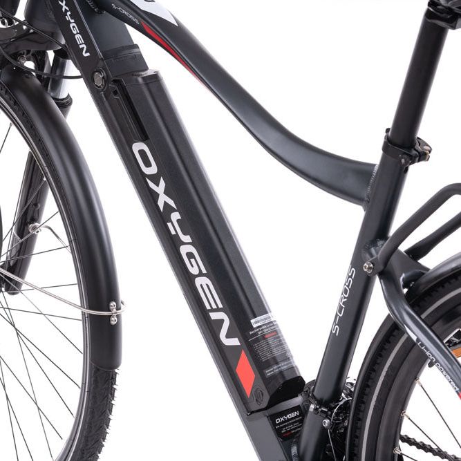 Oxygen S-CROSS CB MKII, Trekking Electric Bike, Commuter,Gray Battery From Rear 