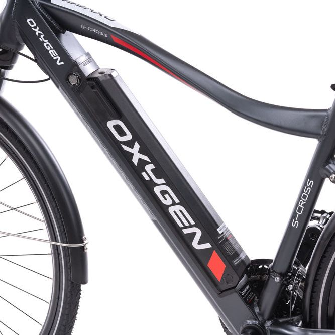 Oxygen S-CROSS CB MKII, Trekking Electric Bike, Commuter,Gray Battery From Side 