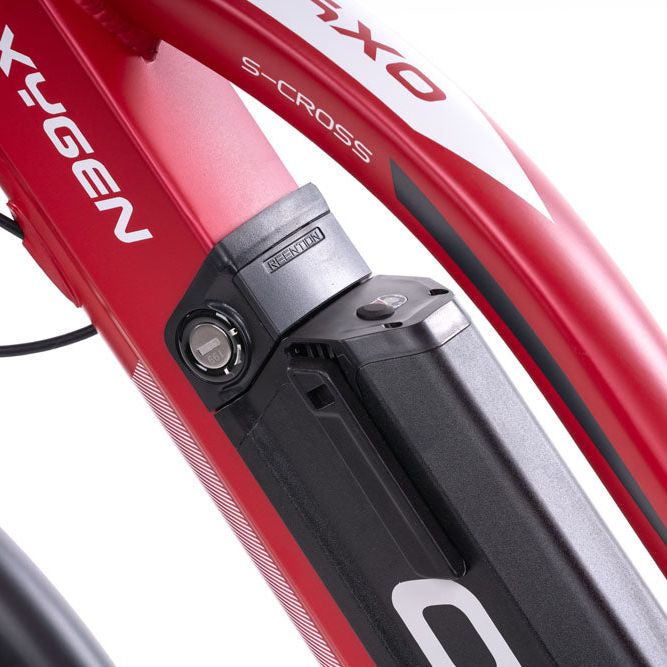 Oxygen S-CROSS ST MKII Step Through Commuter Trekking Urban E-Bike Red Battery Close Up